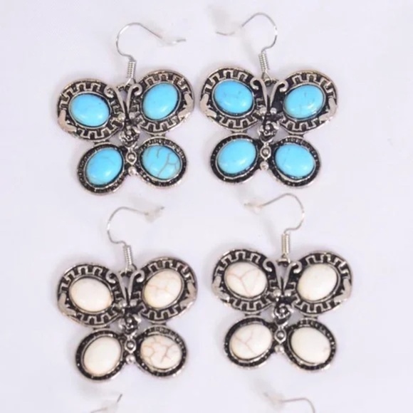 WHITE marbled Antiqued silver semiprecious stone butterfly earrings - Picture 1 of 2